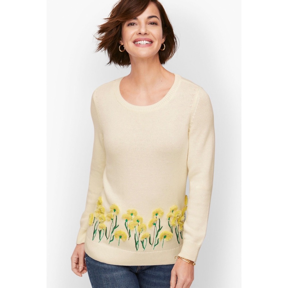 Talbots Sweater Womens Medium Ivory Excellent‎ Floral 3D Embroidery Cottagecore